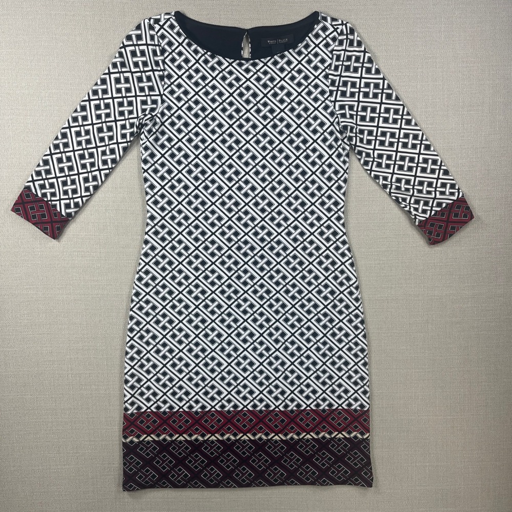 White House Black Market XXS Geo Border Print Shift Dress Black White Burgundy